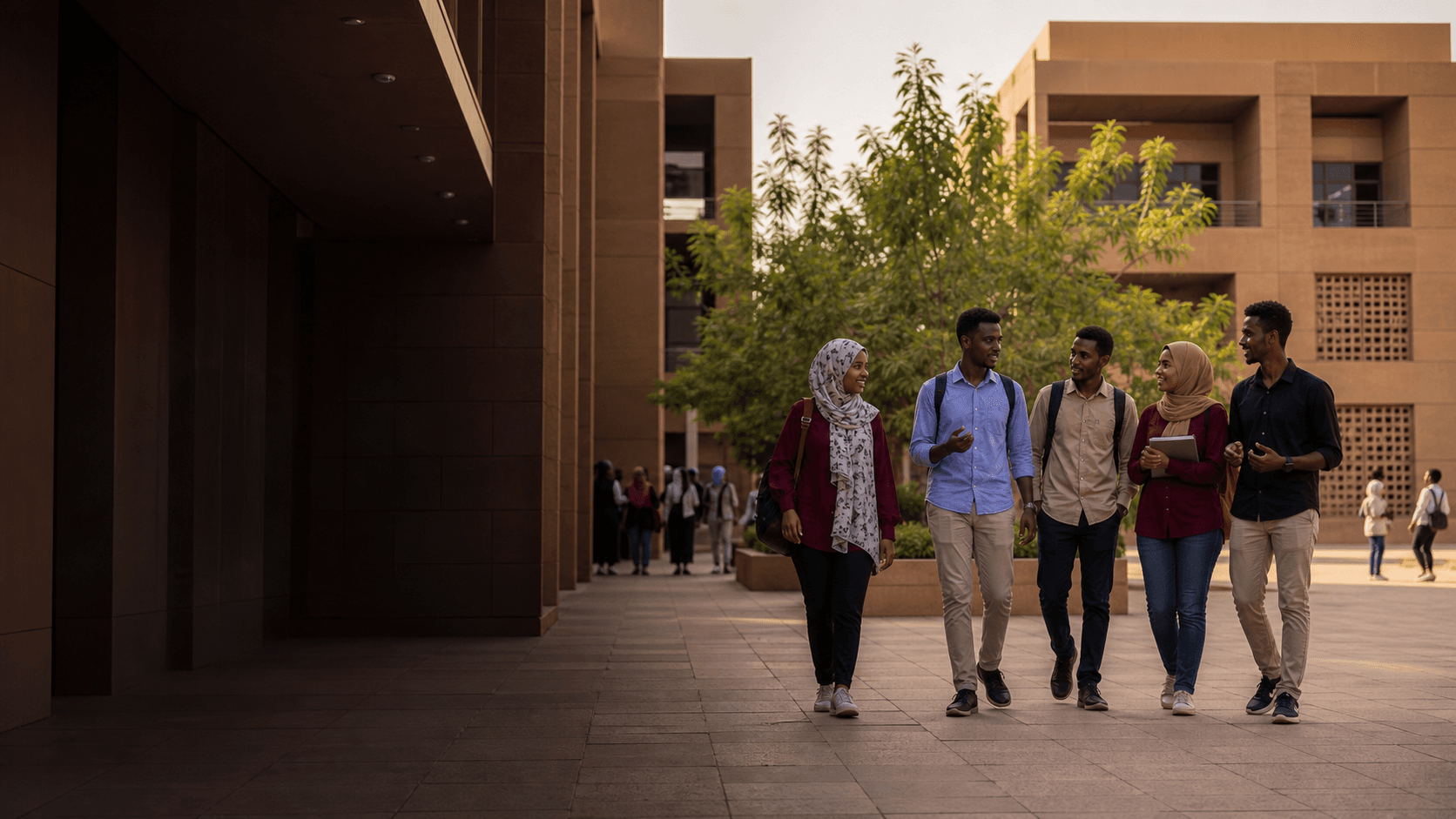 University students walking through a contemporary campus